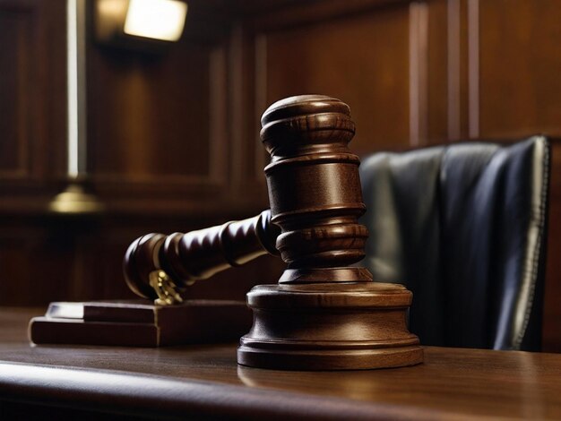 Foto un martello di un giudice si siede su una scrivania in una sala d'udienza