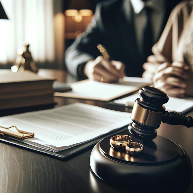 Judges Gavel and Wedding Rings Signifying Divorce Proceedings