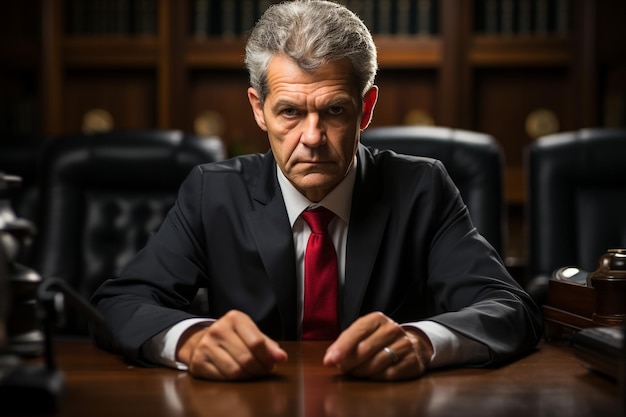 Photo judges gavel on wooden table law office interior