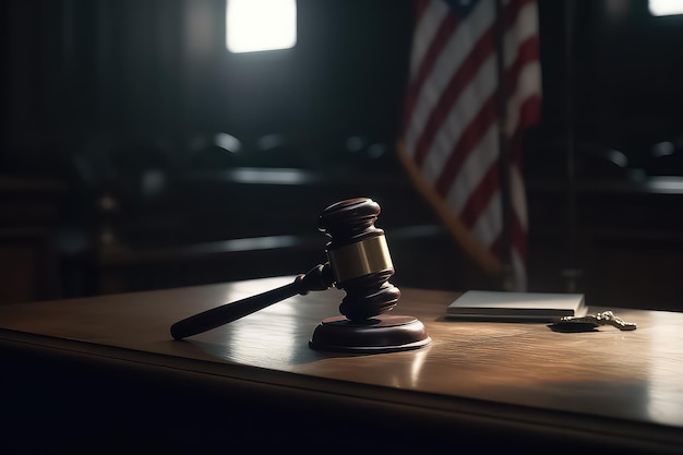 Photo judges wooden gavel with usa flag in the background ai