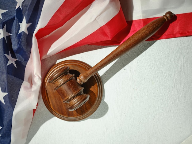 Judicial auction gavel and US flag