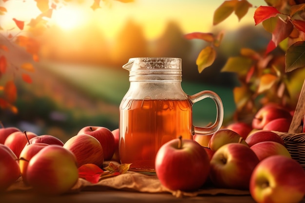 A jug of fresh apple cider with an autumnal apple