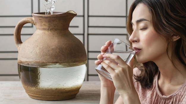 Jug and glass of water near woman