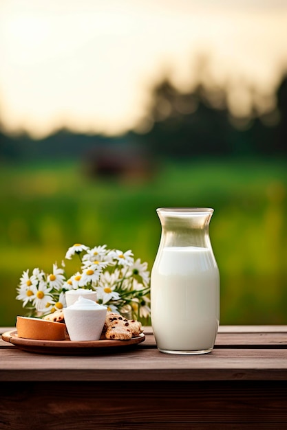 A jug of milk against the background of a field Selective focus