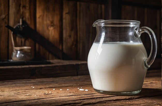 A jug of milk on a rustic wooden table