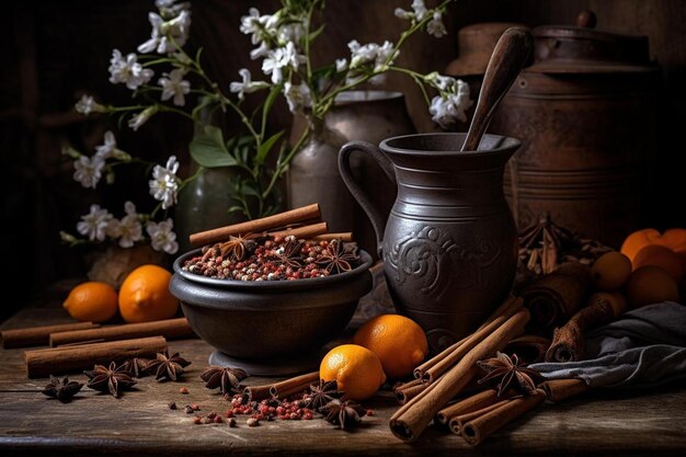 A jug of spices with a spoon and a bowl of cinnamon on the table