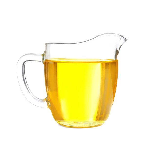 Jug with cooking oil on white background