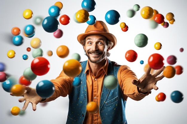 Juggler in motion throwing colorful balls isolated on a white background