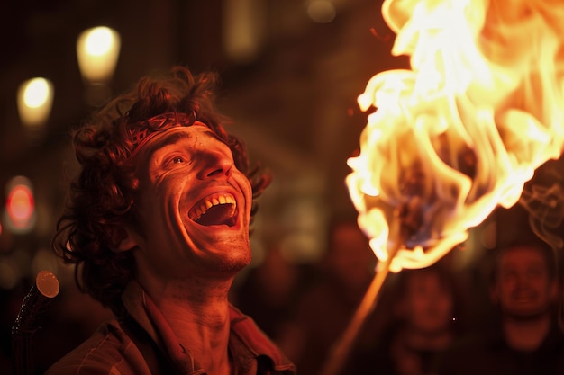 A juggler skillfully tossing and catching flaming torches with a big grin captivating spectators with daring feats