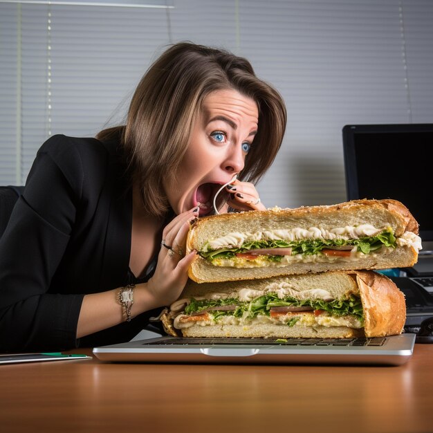 Juggling Sandwich and Spreadsheets Woman's Humorous WorkLunch Balance