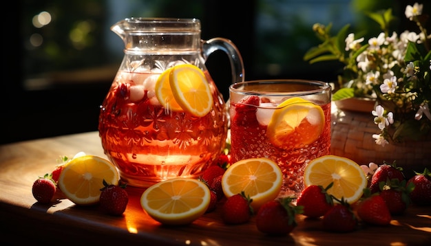 Jugs with strawberries and lemon Jug and glass of strawberry lemonade on wooden table in the sun