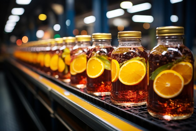 輸送ベルトの飲み物工場で果物が入ったジュースボトルが生産ラインを運営しています