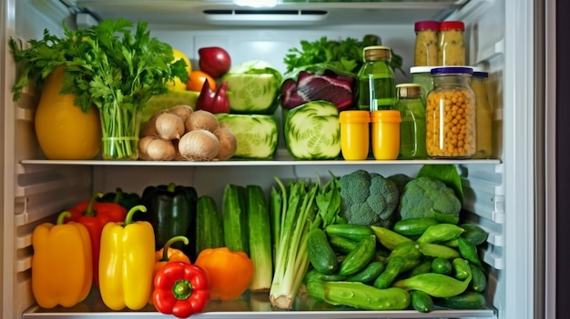 Сок и свежие овощи в открытом холодильнике с генеративным ИИ