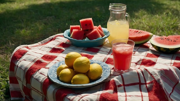 Juice and fresh watermelon on a picnic blanket in the park