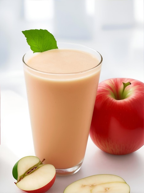 A juice glass with full of Apple shake placed in a white table