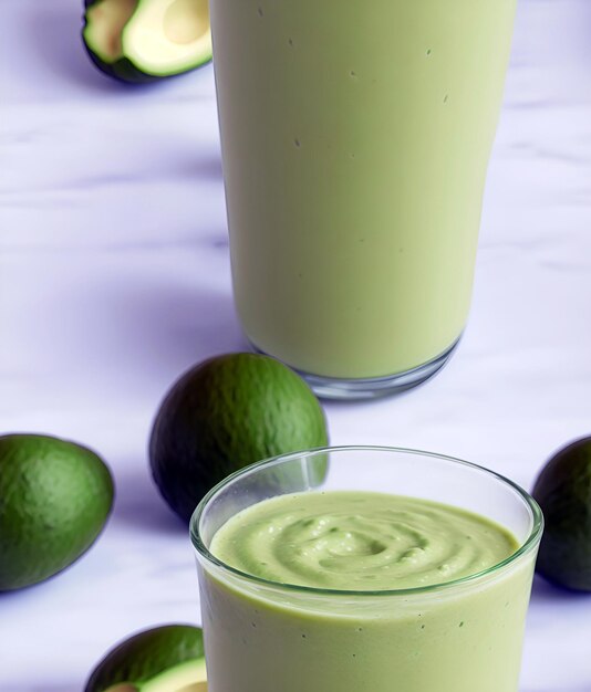 a juice glass with full of avocado shake placed in a white table