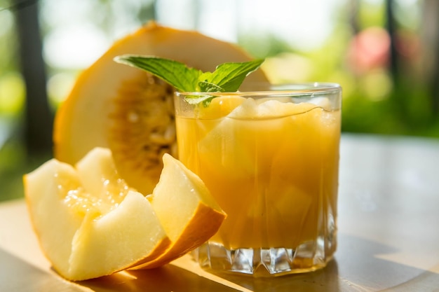 The juice of melon with mint in a glass jar on the table.Hami melon