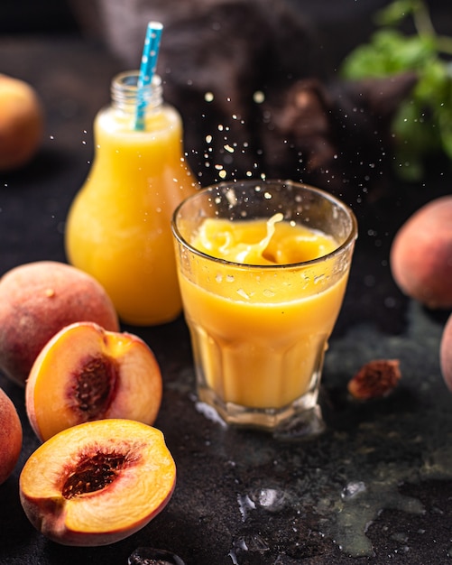 juice peach fruit peaches drink beverage fresh meal snack on the table copy space food background