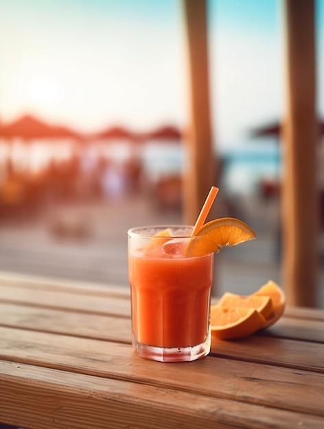 Juice in the table with beach background