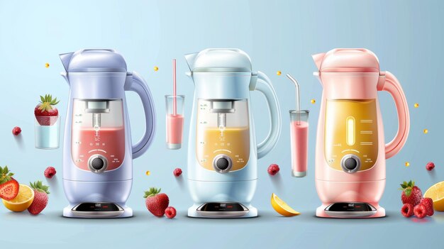 Foto juicer blender voor het mengen van smoothies sappen en shakes moderne realistische set van 3d juicers met lege glazen potten en verse fruit dranken