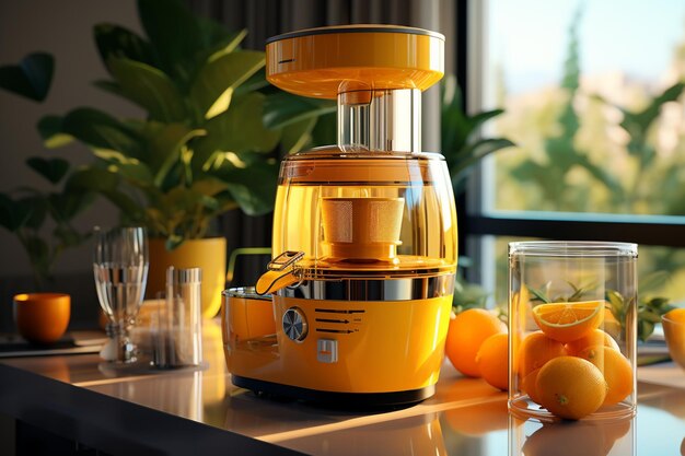 Photo juicer and glass of fresh orange juice on table in kitchen