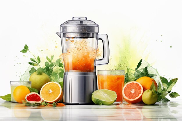 Juicer with fresh orange juice and ingredients on white table close up