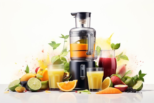 Juicer with fresh orange juice and ingredients on white table close up