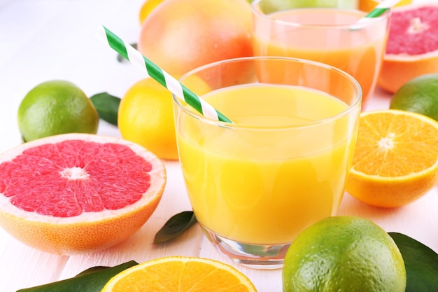 Juices and many citrus closeup