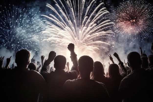 Juichende menigte op oudejaarsavond terwijl ze op de achtergrond naar vuurwerk kijken