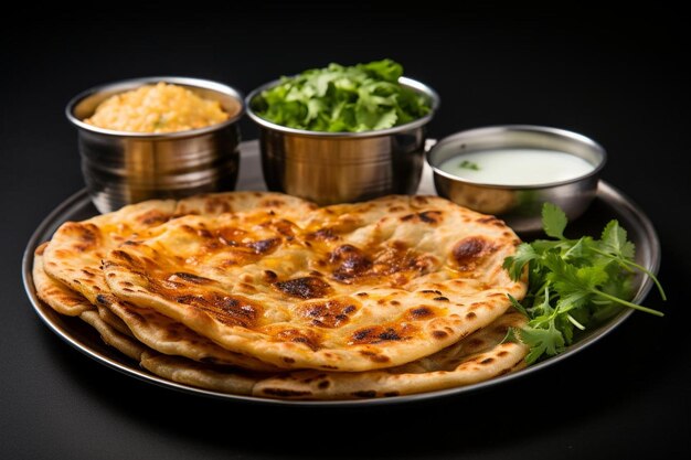 Photo juicy aloo paratha combo on white background the popular street food aloo paratha image