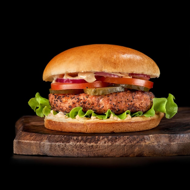 Succoso hamburger americano con polpette di manzo con salsa e crogiolarsi su uno sfondo nero concetto di fast food americano