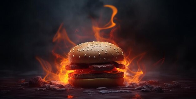 Juicy appetizing hamburger surrounded by fire and flames