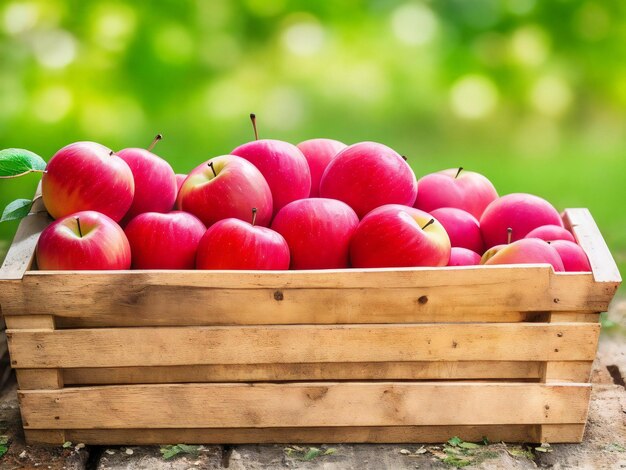 Juicy apples in wooden crate autumn harvest ai generated