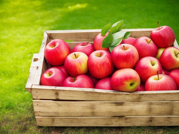 Juicy apples in wooden crate autumn harvest ai generated