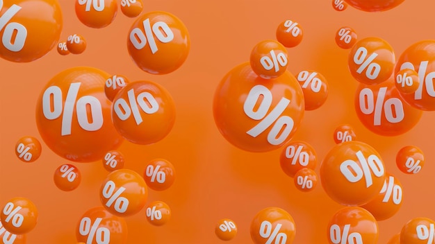 Photo juicy background orange color spheres with percentages for big sale 3d render