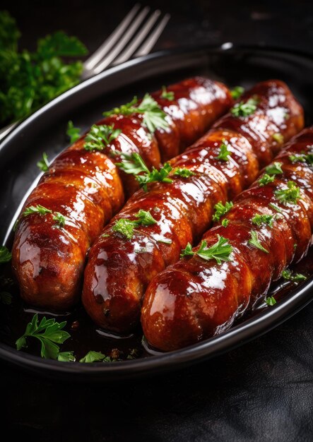 Juicy baked sausages dark background Generative AI