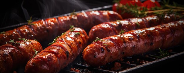 Juicy baked sausages dark background Generative AI
