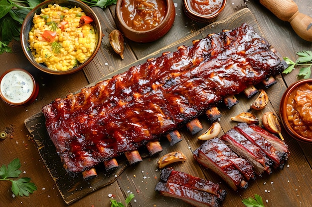 Juicy BBQ Ribs on Wooden Board with Variety of Side Dishes and Sauces Perfectly Smoked for