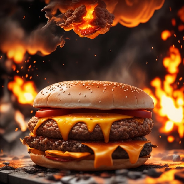 Juicy beautiful burger with fire