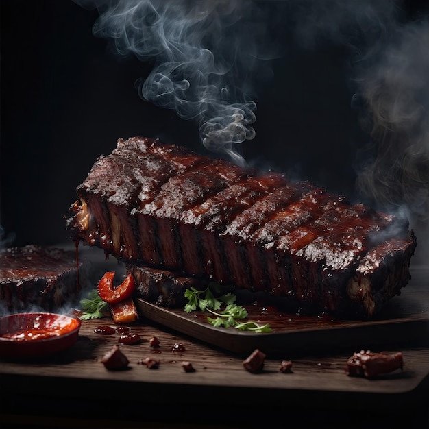 A juicy beef BBQ falling from top with smoke