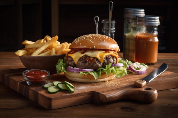 Juicy Beef Burger on rustic Wooden Table