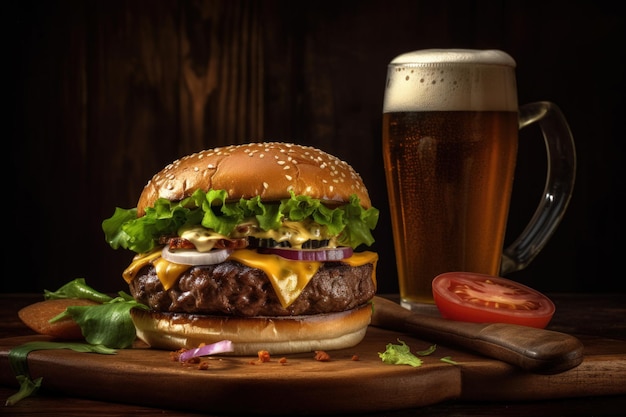 Juicy Beef Burger on rustic Wooden Table