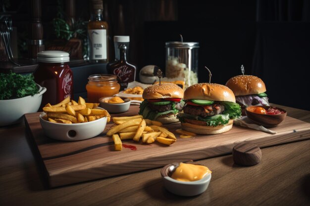 Juicy Beef Burger on rustic Wooden Table