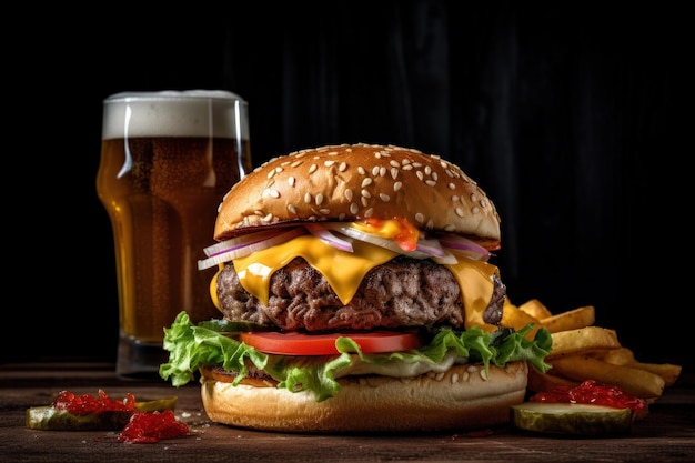 Juicy Beef Burger on rustic Wooden Table