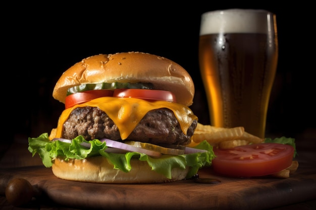 Juicy Beef Burger on rustic Wooden Table