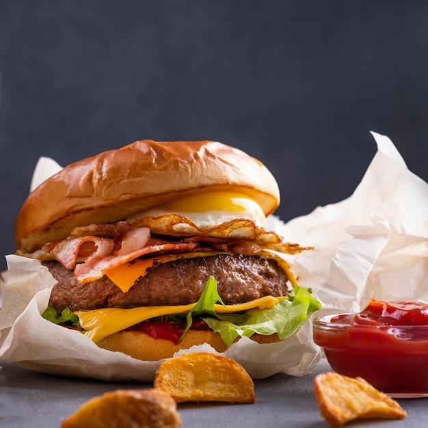 Juicy beef burger with fried egg