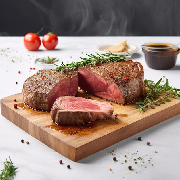 Juicy Beef Rib Eye Steak Slices on Wooden Board with Herbs Spices and Salt Generative ai