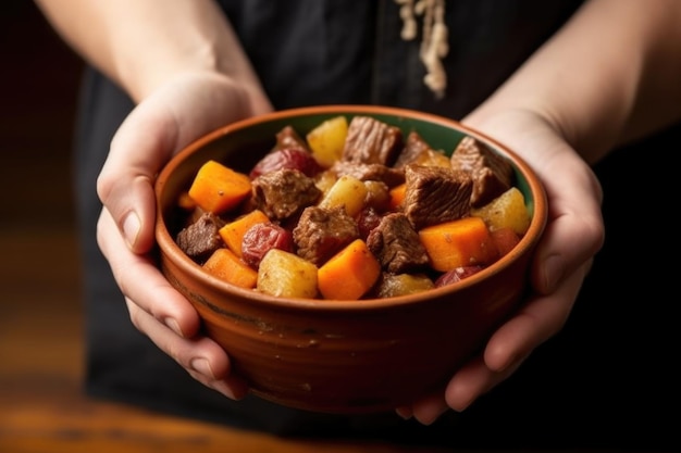 Juicy beef stew in a bowl held by hand