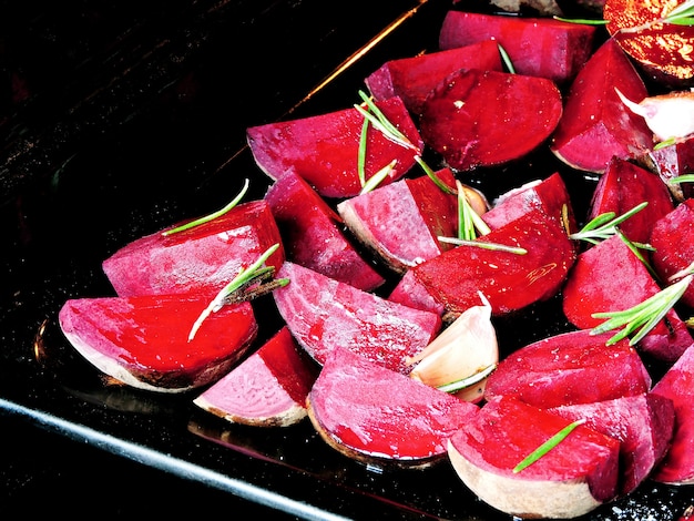 Juicy beet slices before baking.