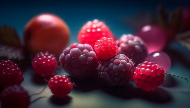 Juicy berry fruits adorn the fresh organic dessert table spread generated by AI